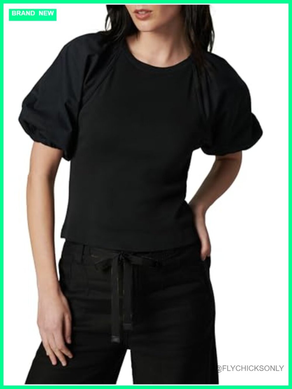 Organic Cotton Jersey Rib Tee with Puff Sleeves and Crew Neck